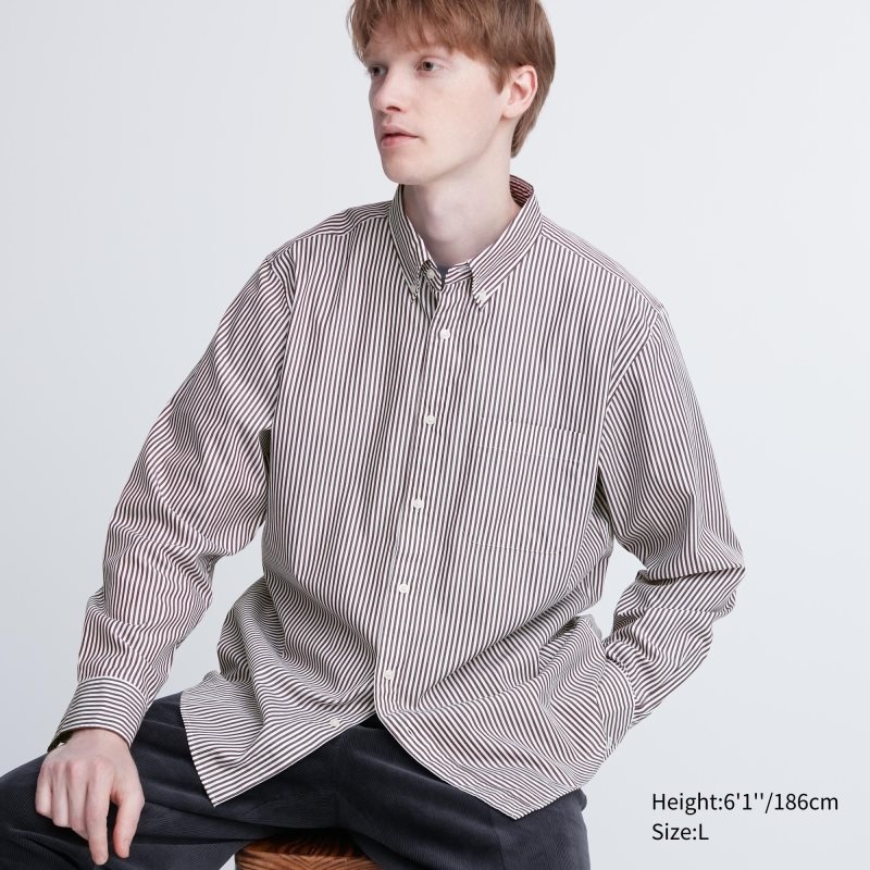 Brown Uniqlo Extra Fine Cotton Broadcloth Striped Long-sleeve Men Shirts | 2844733