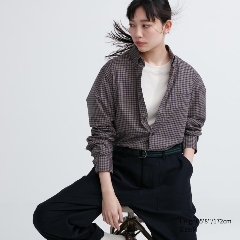 Brown Uniqlo Extra Fine Cotton Broadcloth Checked Long-sleeve Men Shirts | 5946019