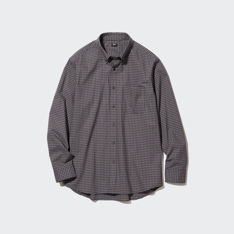 Brown Uniqlo Extra Fine Cotton Broadcloth Checked Long-sleeve Men Shirts | 5946019