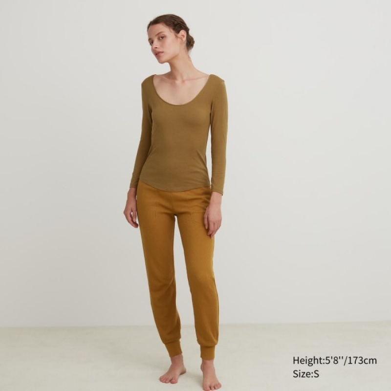 Brown Uniqlo HEATTECH Ballet Neck Long-Sleeve Silk Blend Women T Shirts | 6932145