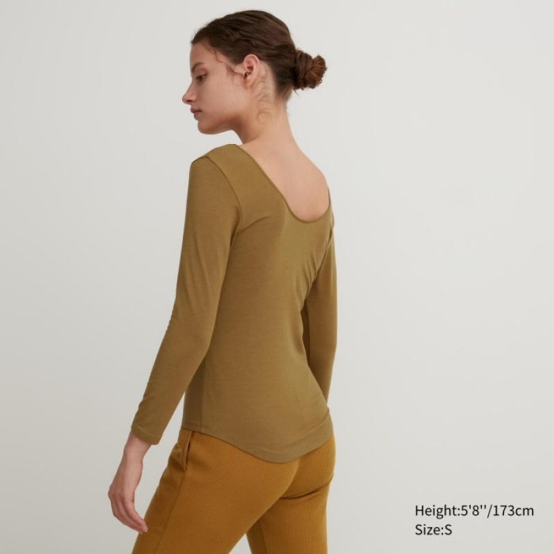 Brown Uniqlo HEATTECH Ballet Neck Long-Sleeve Silk Blend Women T Shirts | 6932145