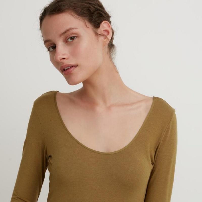 Brown Uniqlo HEATTECH Ballet Neck Long-Sleeve Silk Blend Women T Shirts | 6932145