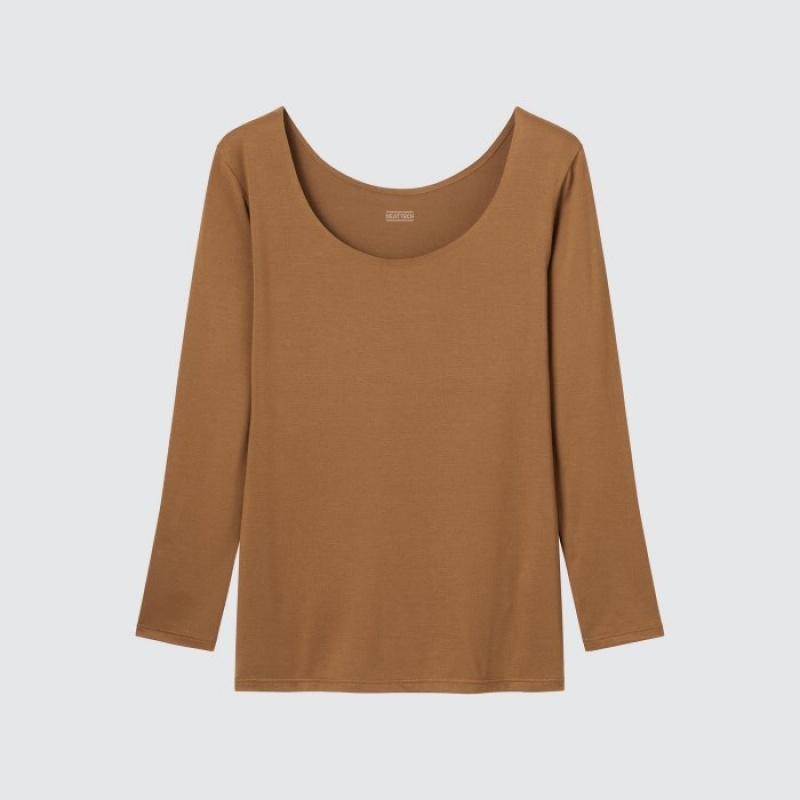 Brown Uniqlo HEATTECH Scoop Neck Long-Sleeve Women T Shirts | 7918923