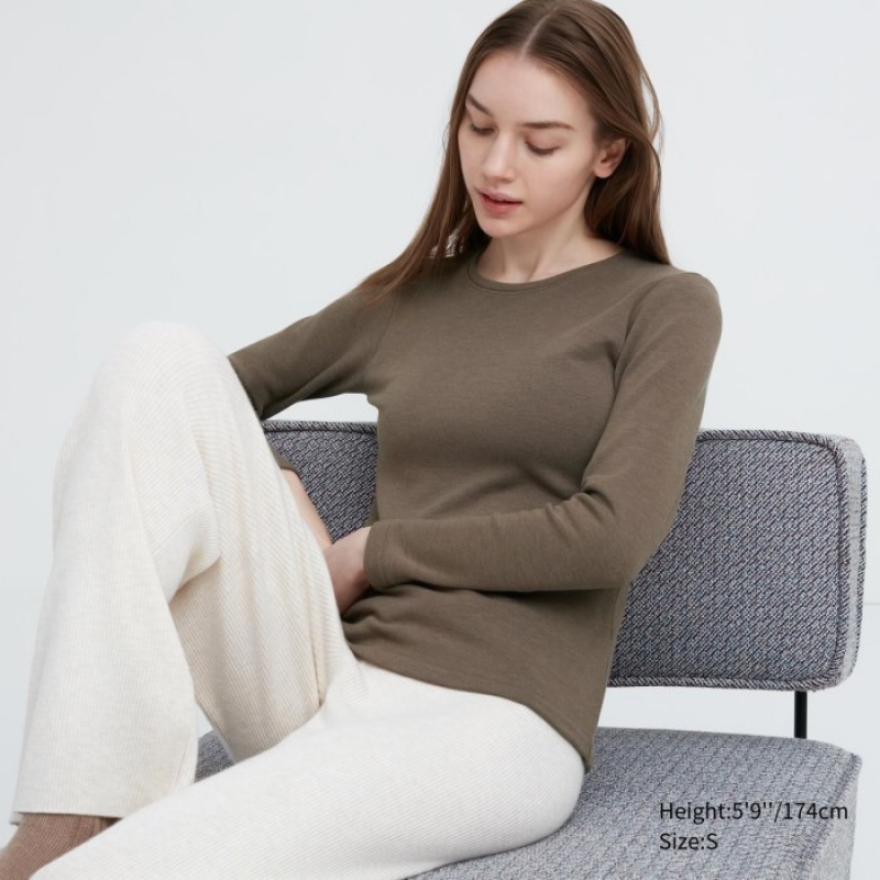 Brown Uniqlo HEATTECH Ultra Warm Crew Neck Long-Sleeve Women T Shirts | 4225594
