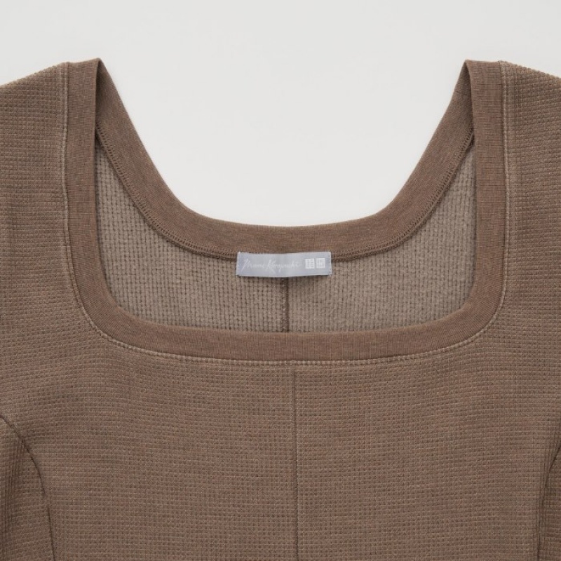 Brown Uniqlo HEATTECH Waffle Square Neck Long-Sleeve Women T Shirts | 588889