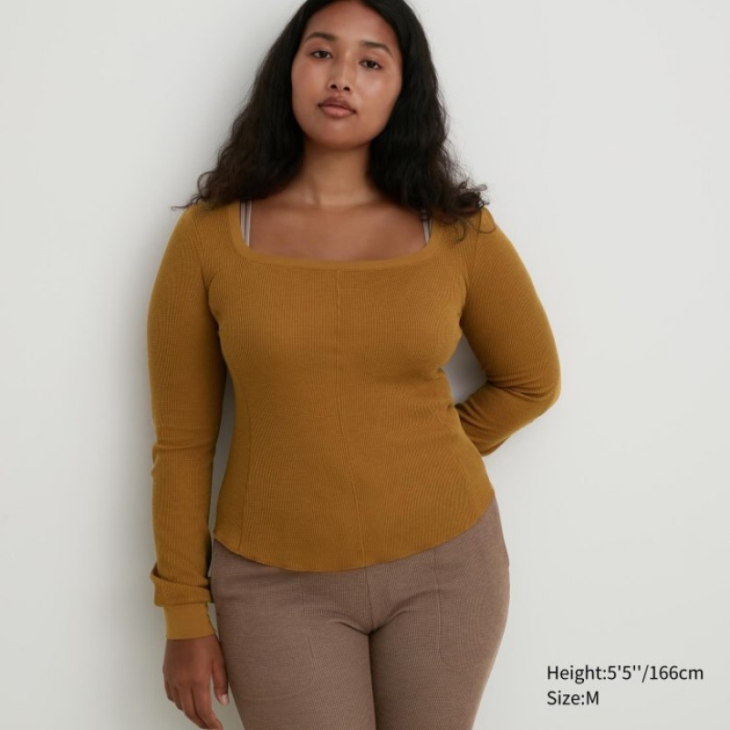 Brown Uniqlo HEATTECH Waffle Square Neck Long-Sleeve Women T Shirts | 5475003