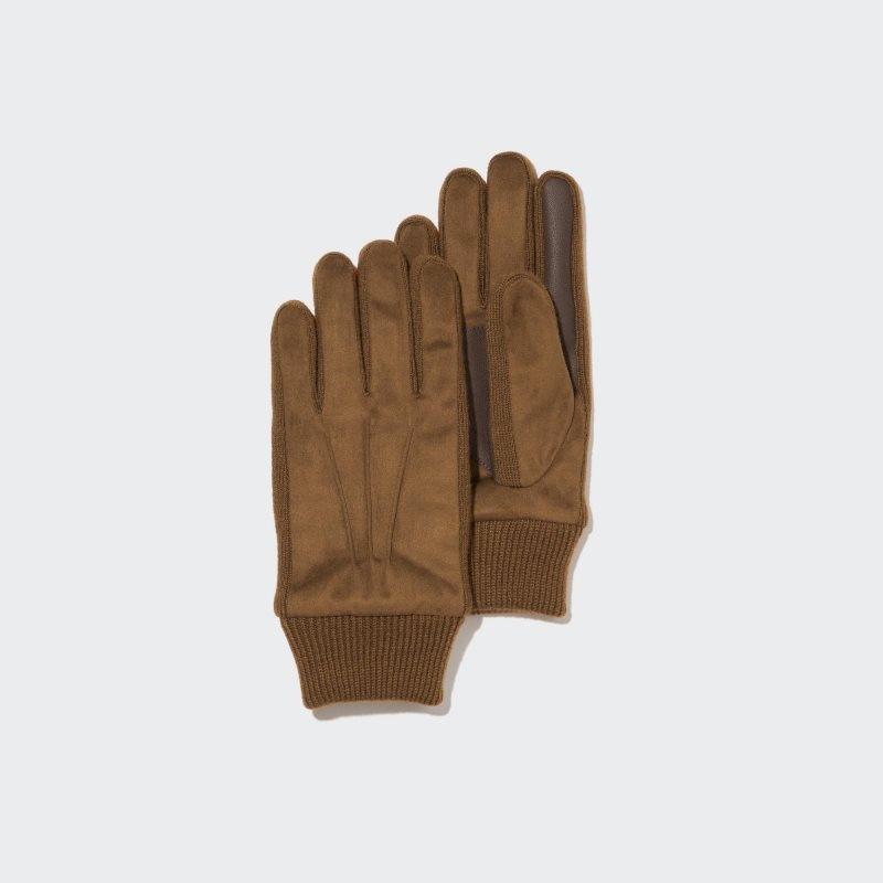 Brown Uniqlo Heattech Lined Faux Suede Men Gloves | 3239380