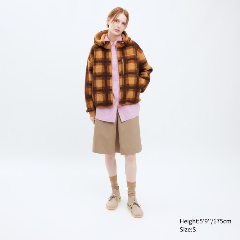 Brown Uniqlo Pile Lined Fleece Printed Full-Zip Women Hoodie | 4264607