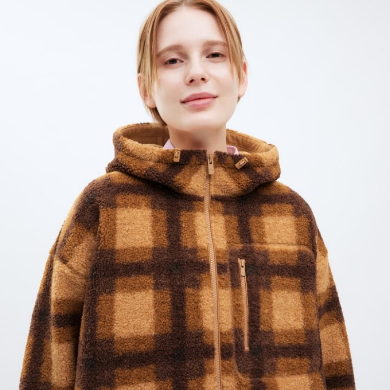 Brown Uniqlo Pile Lined Fleece Printed Full-Zip Women Hoodie | 4264607