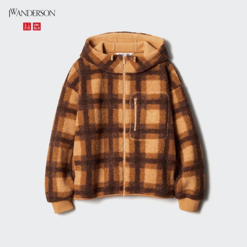 Brown Uniqlo Pile Lined Fleece Printed Full-Zip Women Hoodie | 4264607