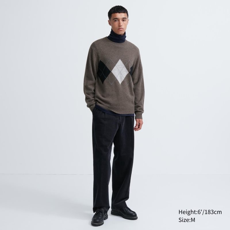 Brown Uniqlo Premium Lambswool Crew Neck Long-sleeve Men Sweaters | 2968701