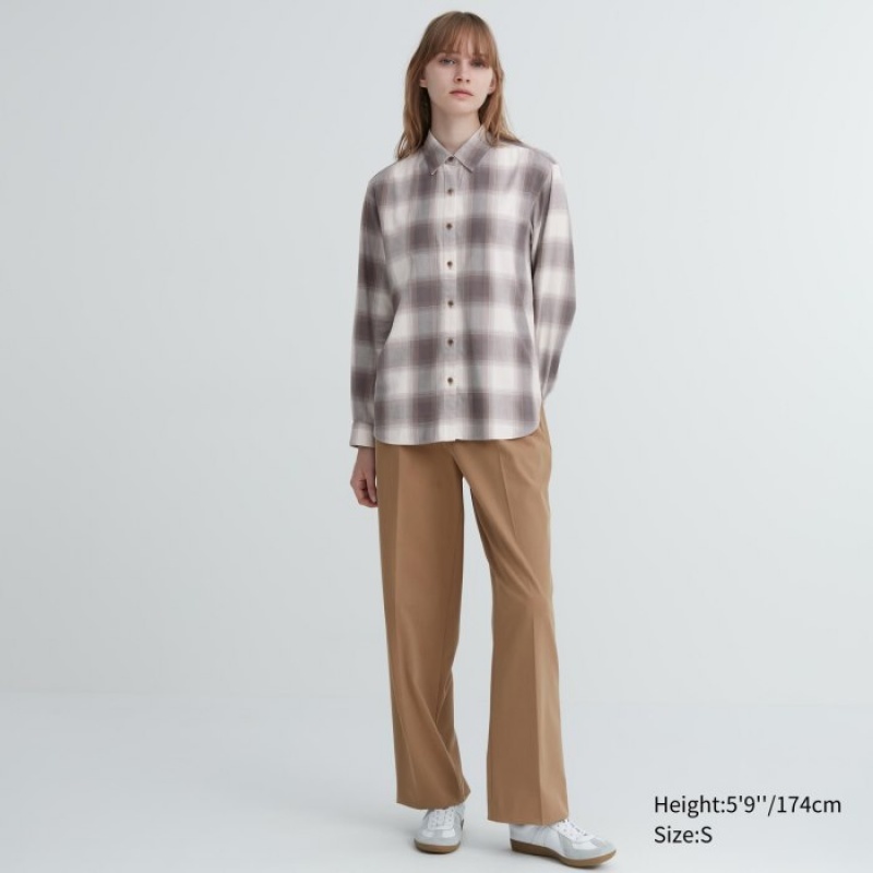 Brown Uniqlo Soft Brushed Checked Long-Sleeve Women Shirts | 7630245