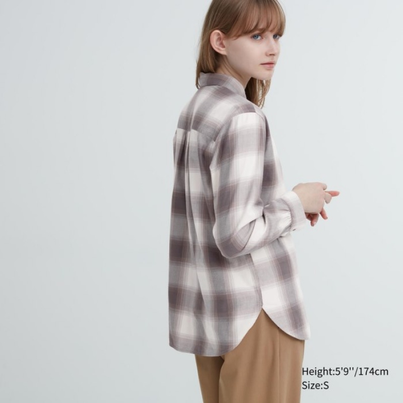 Brown Uniqlo Soft Brushed Checked Long-Sleeve Women Shirts | 7630245