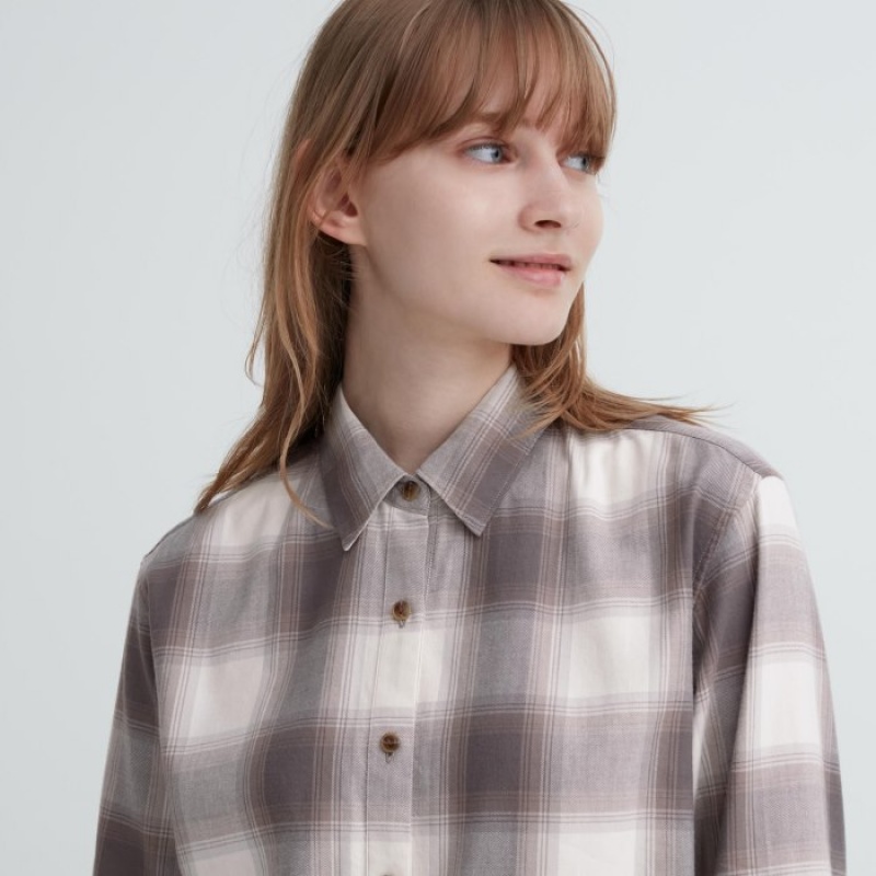 Brown Uniqlo Soft Brushed Checked Long-Sleeve Women Shirts | 7630245