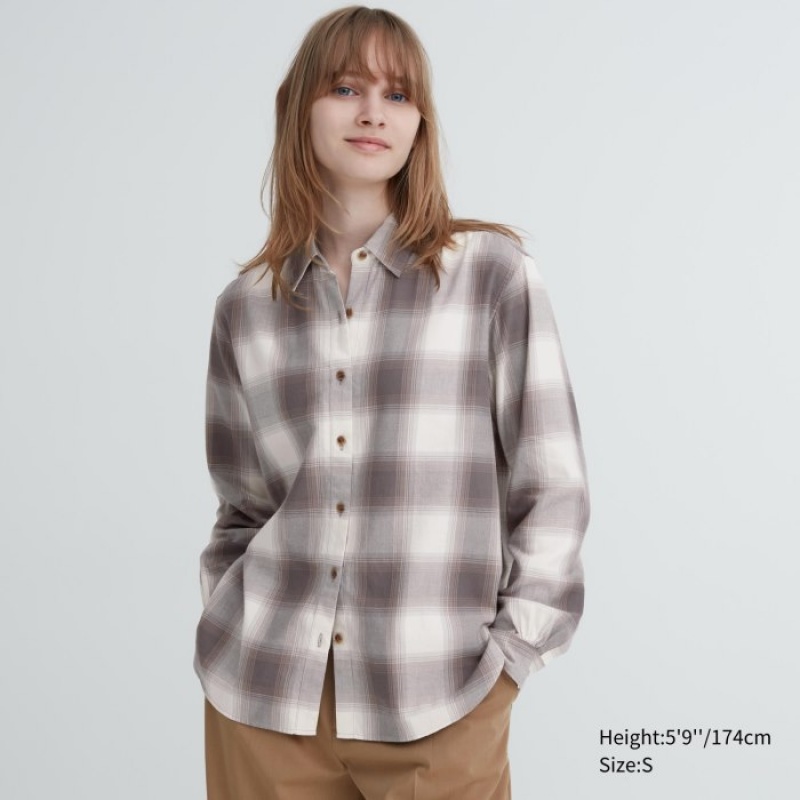Brown Uniqlo Soft Brushed Checked Long-Sleeve Women Shirts | 7630245