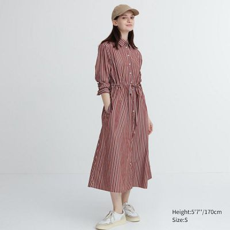 Brown Uniqlo Striped Cotton Long-Sleeve Women Dress | 7903575