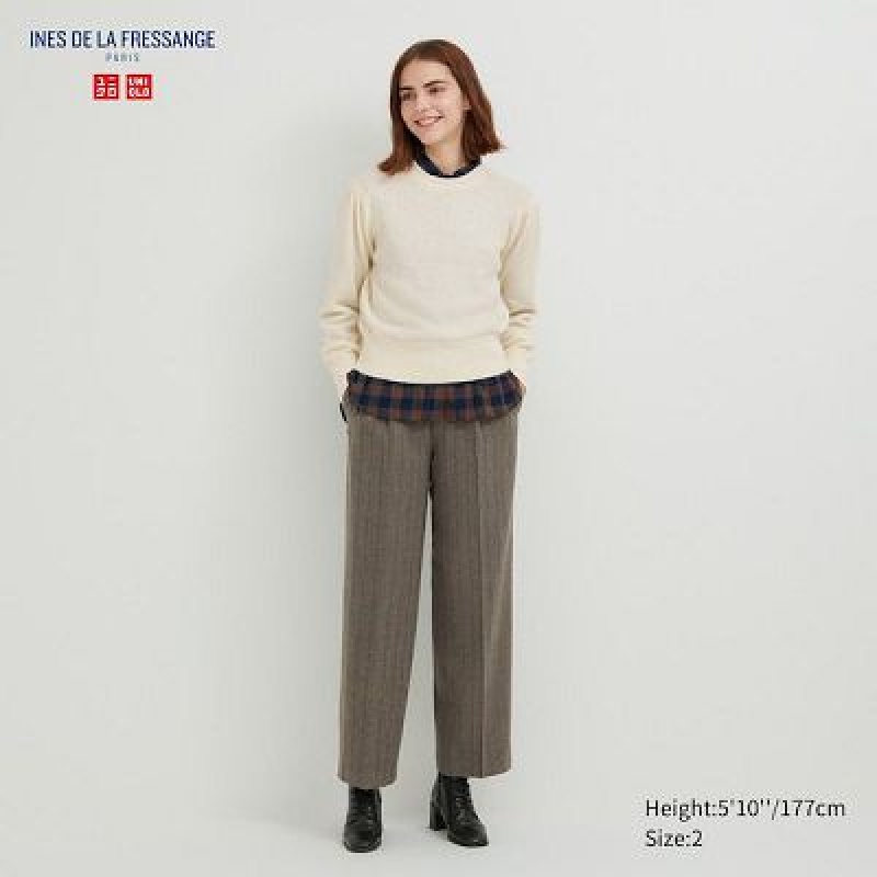 Brown Uniqlo Tweed Wide-Fit Pleated Women Pants | 8779808