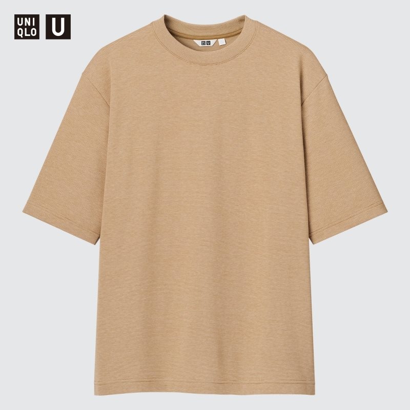 Brown Uniqlo U Airism Cotton Striped Crew Neck Oversized Men T Shirts | 7071921