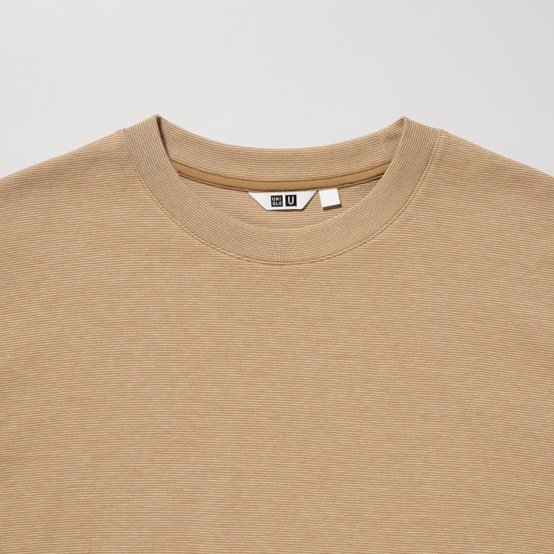Brown Uniqlo U Airism Cotton Striped Crew Neck Oversized Men T Shirts | 7071921