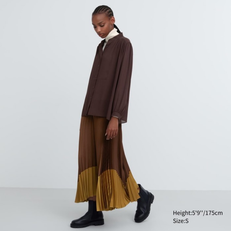 Brown Uniqlo Volume Long-Sleeve Women Blouse | 4503833