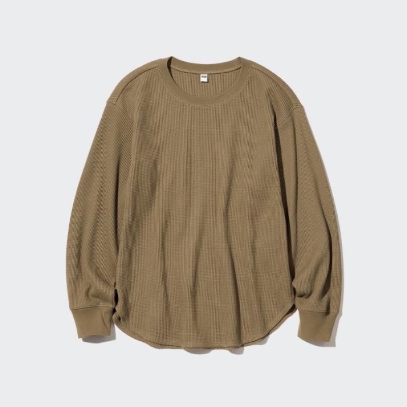 Brown Uniqlo Waffle Crew Neck Long-Sleeve Women T Shirts | 2262418
