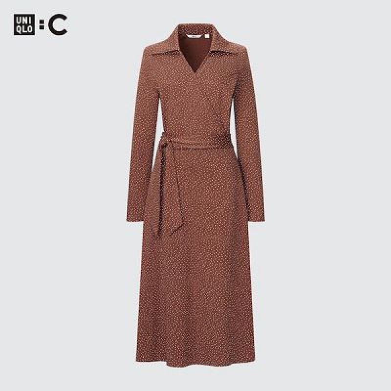 Brown Uniqlo Wrap Long-Sleeve Women Dress | 9415525