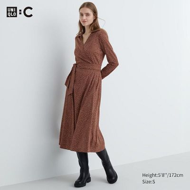 Brown Uniqlo Wrap Long-Sleeve Women Dress | 9415525