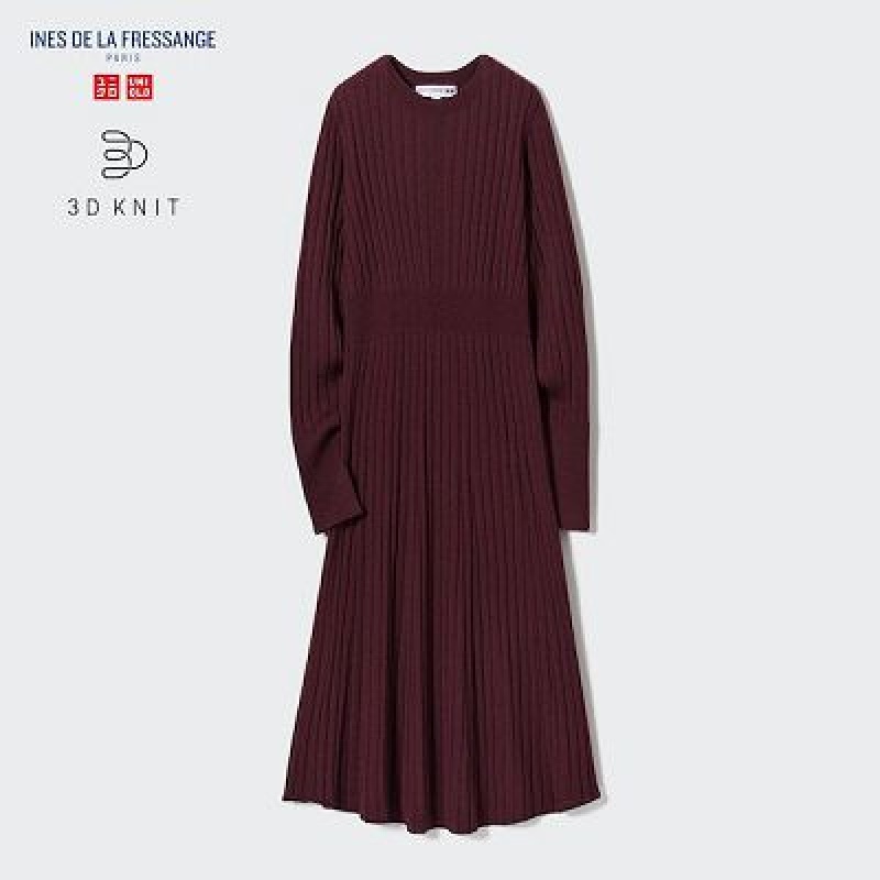 Burgundy Uniqlo 3D Knit Ribbed Crew Neck Long-Sleeve Women Dress | 4164588