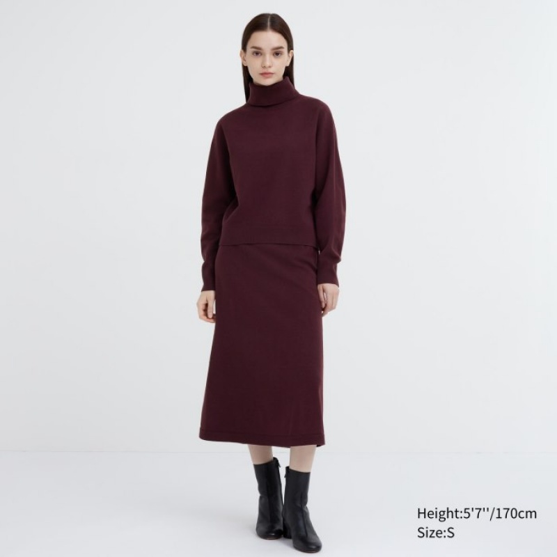 Burgundy Uniqlo 3D Knit Souffle Yarn Long-Sleeve Women Sweaters | 5562167