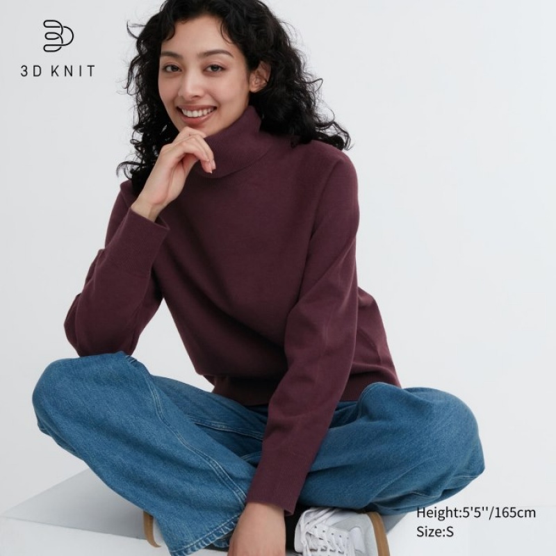 Burgundy Uniqlo 3D Knit Souffle Yarn Long-Sleeve Women Sweaters | 5562167