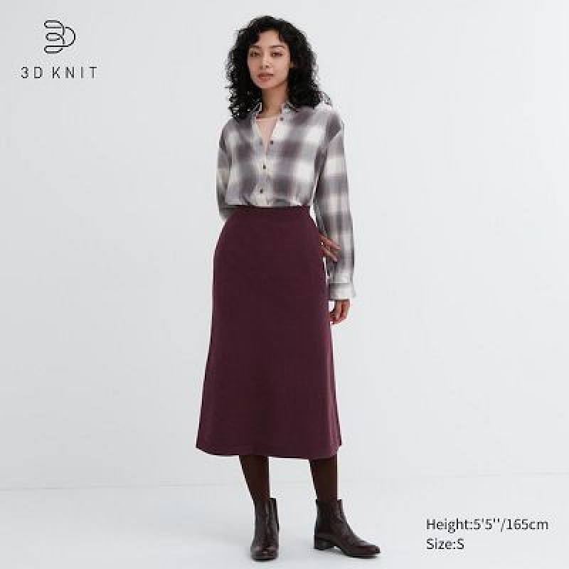 Burgundy Uniqlo 3D Knit Souffle Yarn Women Skirts | 2664560