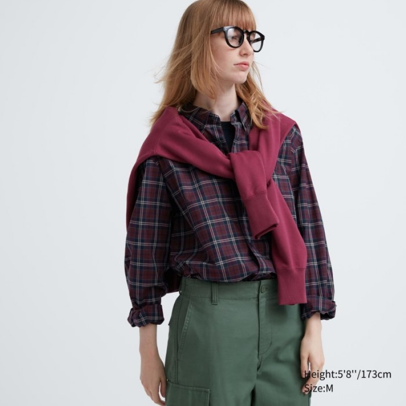 Burgundy Uniqlo Extra Fine Cotton Broadcloth Checked Casual Women Shirts | 4946191