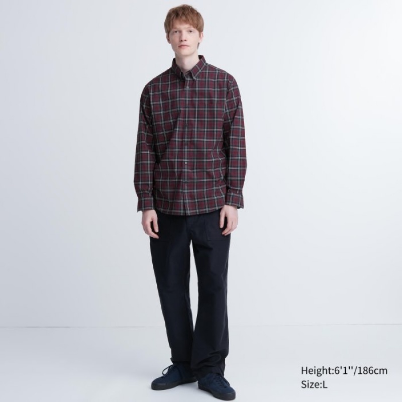 Burgundy Uniqlo Extra Fine Cotton Broadcloth Checked Casual Women Shirts | 4946191