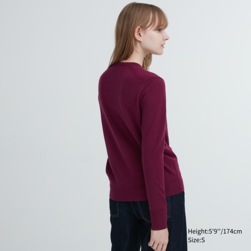 Burgundy Uniqlo Extra Fine Merino Crew Neck Long-Sleeve Women Sweaters | 759532