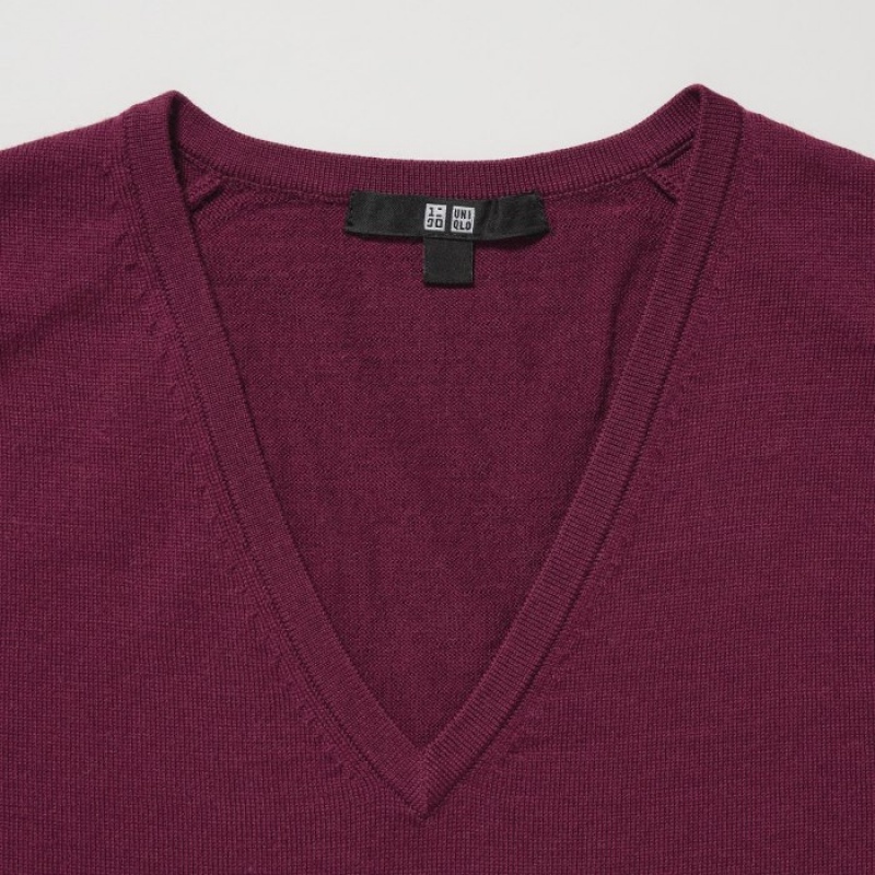 Burgundy Uniqlo Extra Fine Merino V-Neck Long-Sleeve Women Sweaters | 3123393