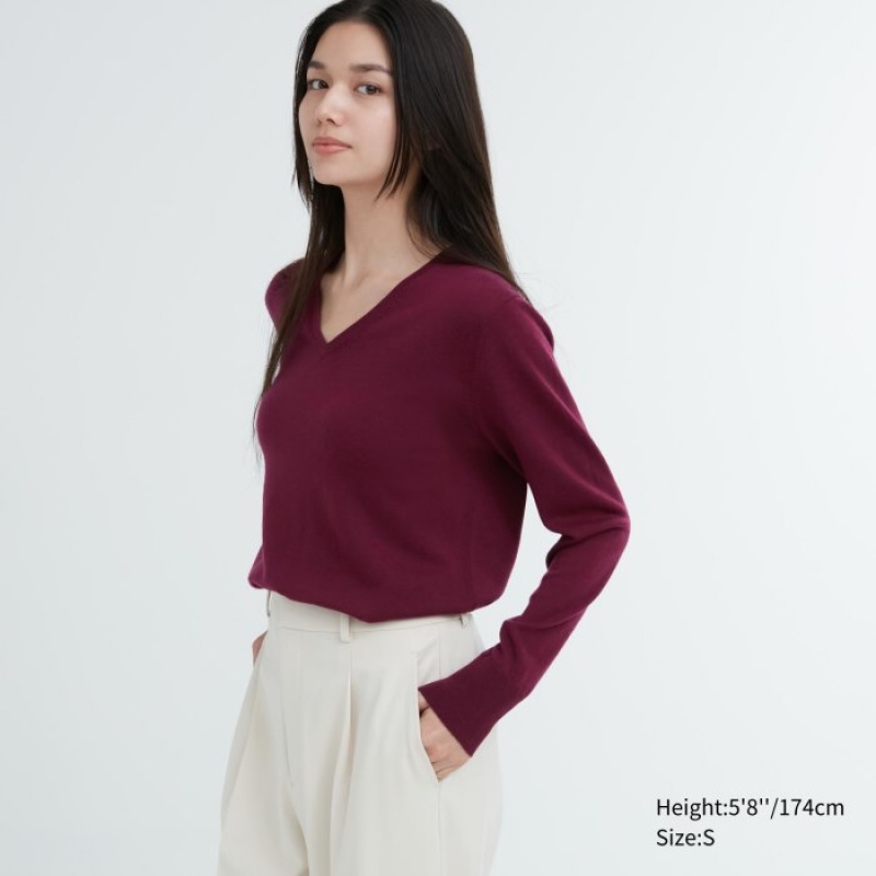 Burgundy Uniqlo Extra Fine Merino V-Neck Long-Sleeve Women Sweaters | 3123393