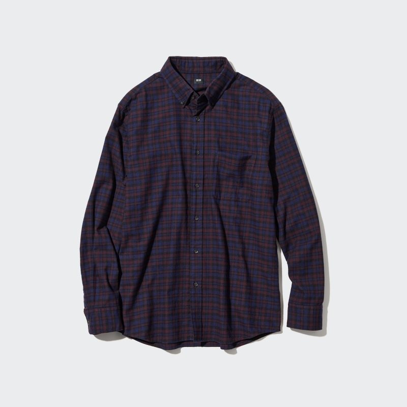 Burgundy Uniqlo Flannel Checked Long Sleeve Men Shirts | 9263220