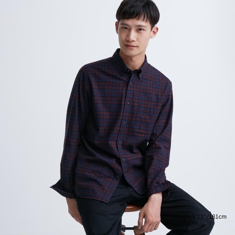Burgundy Uniqlo Flannel Checked Long Sleeve Men Shirts | 9263220
