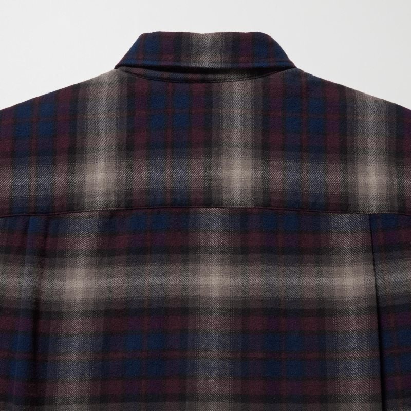Burgundy Uniqlo Flannel Checked Long-sleeve Men Shirts | 6794436
