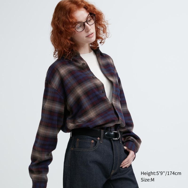 Burgundy Uniqlo Flannel Checked Long-sleeve Men Shirts | 6794436