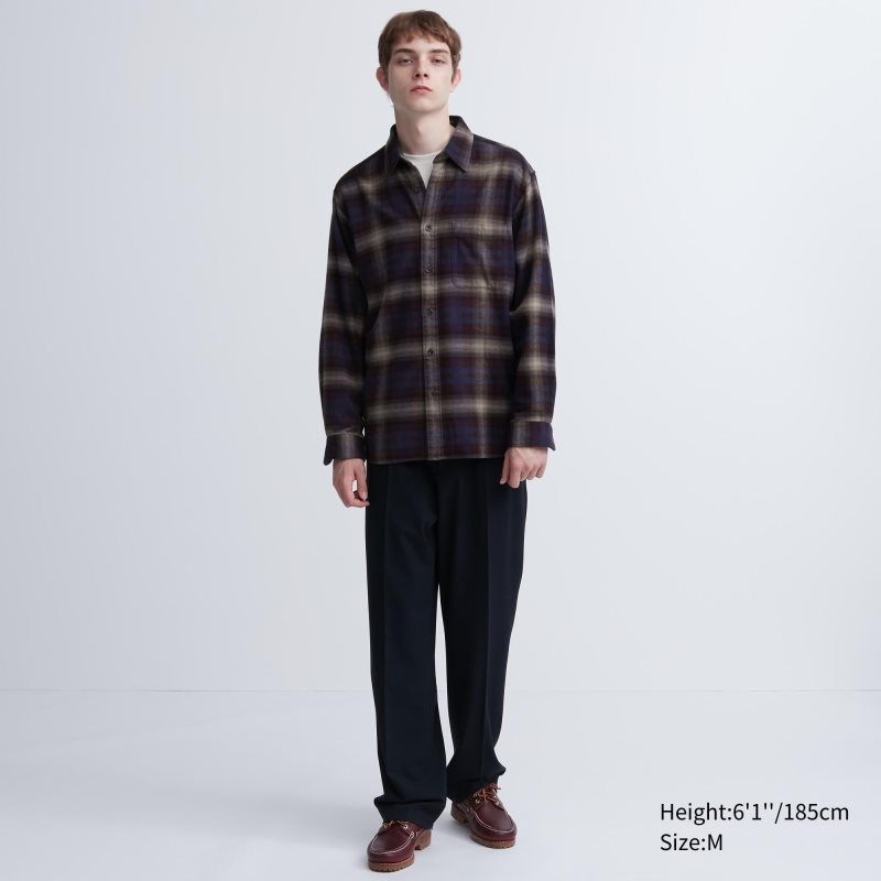 Burgundy Uniqlo Flannel Checked Long-sleeve Men Shirts | 6794436