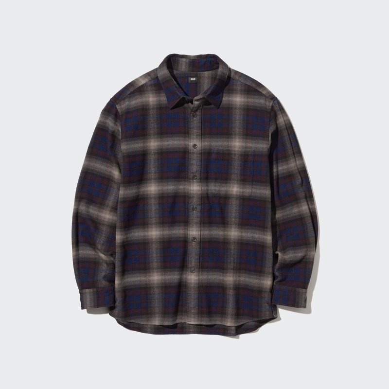 Burgundy Uniqlo Flannel Checked Long-sleeve Men Shirts | 6794436