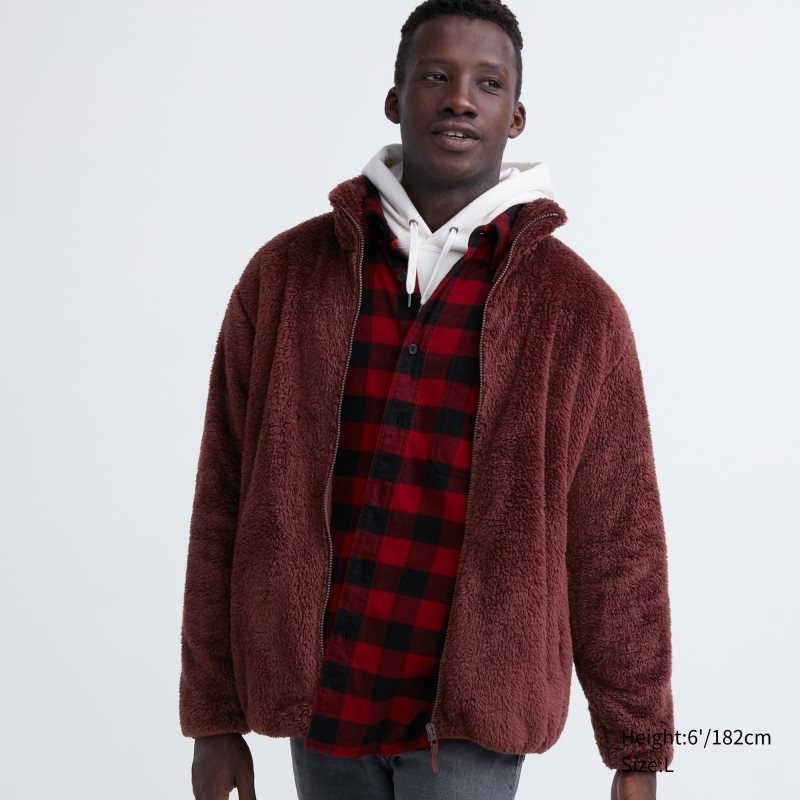 Burgundy Uniqlo Fluffy Yarn Fleece Full-Zip Men Jackets | 8578075
