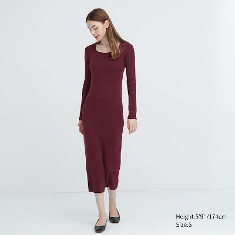 Burgundy Uniqlo Merino Blend Fitted U Neck Long Sleeve Women Dress | 3895077