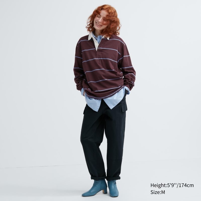 Burgundy Uniqlo Rugger Long-sleeve Men Polo Shirts | 1764155