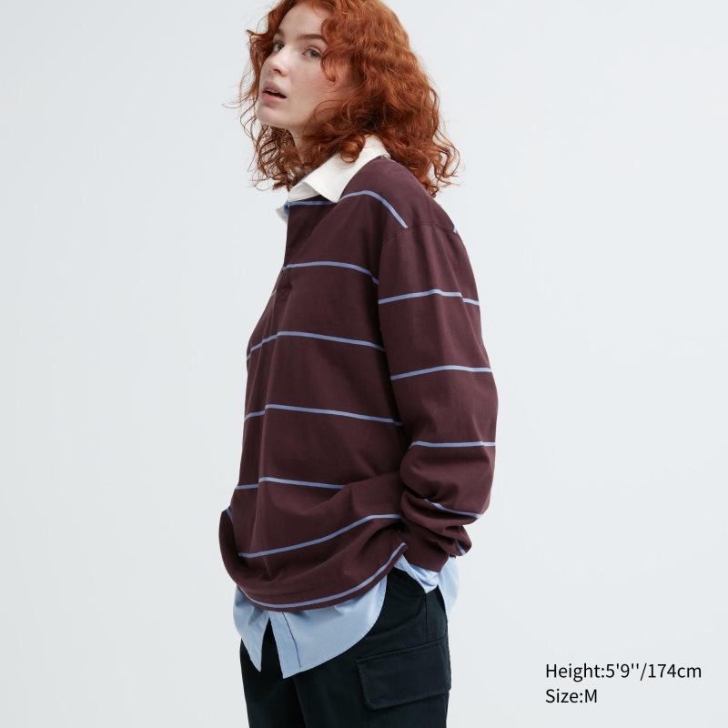 Burgundy Uniqlo Rugger Long-sleeve Men Polo Shirts | 1764155