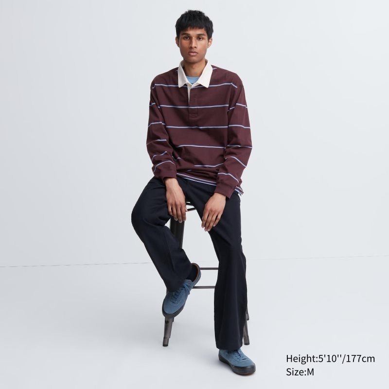 Burgundy Uniqlo Rugger Long-sleeve Men Polo Shirts | 1764155