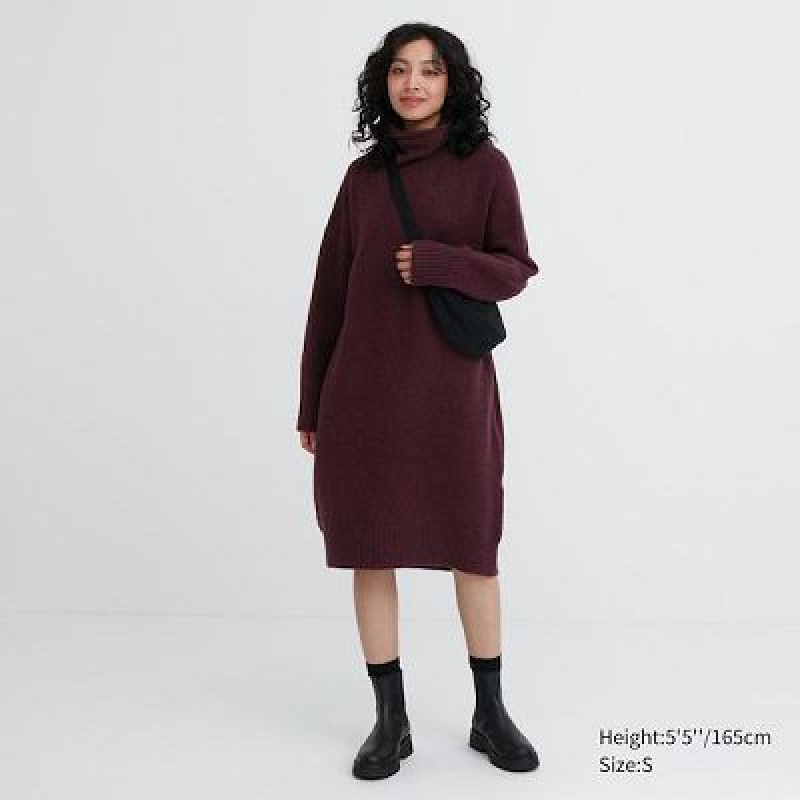 Burgundy Uniqlo Souffle Yarn Turtleneck Women Dress | 3772794