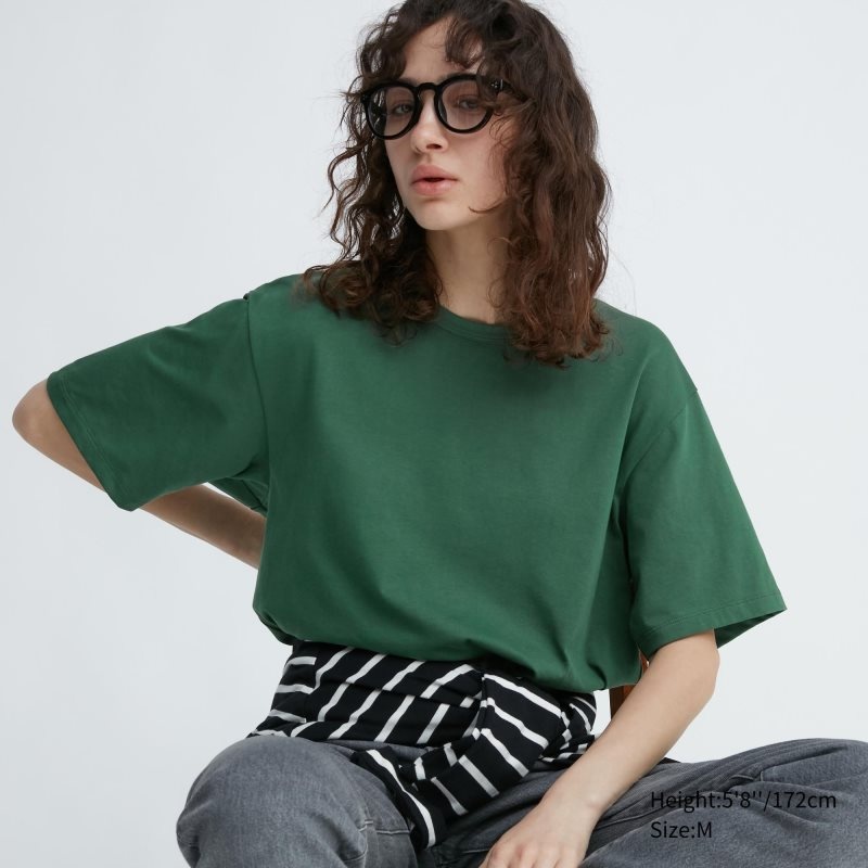 Green Uniqlo Airism Cotton Crew Neck Men T Shirts | 9465665