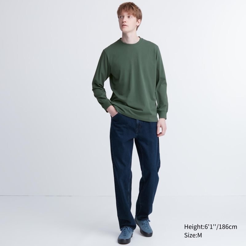 Green Uniqlo Airism Cotton Uv Protection Crew Neck Long-sleeve Men T Shirts | 8730197